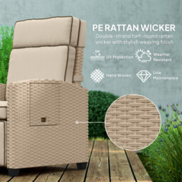 Outsunny Rattan Garden Recliner Sun Lounger W/ Flip Table, Khaki/beige - thumbnail 5