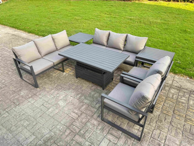 Fimous Garden Aluminium Furniture Set 8 Seater Adjustable Rising Lifting Dining Table With 2 Chairs 2 Side Tables Dark Grey - image 1