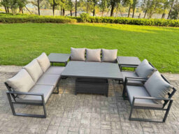 Fimous Garden Aluminium Furniture Set 8 Seater Adjustable Rising Lifting Dining Table With 2 Chairs 2 Side Tables Dark Grey - thumbnail 2