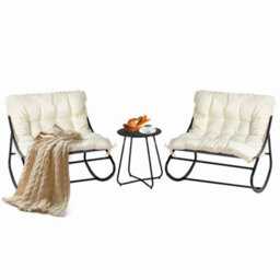 Rocking Chair Set With Table, 3-Piece Garden Table And Chairs Set With Cushion White