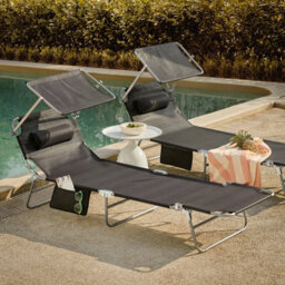 Sobuy Ogs48-Schx2, Set Of 2 Outdoor Garden Beach Folding Chair Sun Lounger With Adjustable Sun Shade And Backrest, Black - thumbnail 9