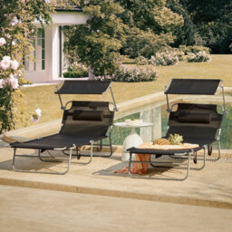 Sobuy Ogs48-Schx2, Set Of 2 Outdoor Garden Beach Folding Chair Sun Lounger With Adjustable Sun Shade And Backrest, Black - thumbnail 2