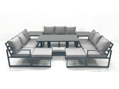Fimous 11 Seater Garden Sofa Set Aluminium Furniture Rising Dining Tabe Set With 2 Side Tables 2 Big Footstools Dark Grey - image 1