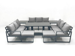 Fimous 11 Seater Garden Sofa Set Aluminium Furniture Rising Dining Tabe Set With 2 Side Tables 2 Big Footstools Dark Grey - thumbnail 2