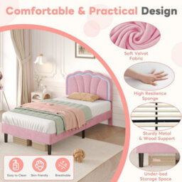 Modernluxe 3Ft Single Bed, 90X190 Cm, With Led Adjustable Shell Shape Headboard, Solid Wood Slat, Velvet, Pink - thumbnail 5