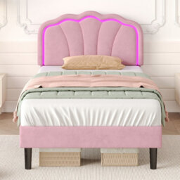 Modernluxe 3Ft Single Bed, 90X190 Cm, With Led Adjustable Shell Shape Headboard, Solid Wood Slat, Velvet, Pink - thumbnail 2