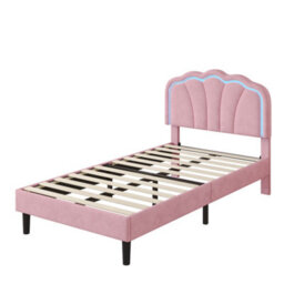 Modernluxe 3Ft Single Bed, 90X190 Cm, With Led Adjustable Shell Shape Headboard, Solid Wood Slat, Velvet, Pink - thumbnail 9