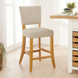 The Furniture Market Manor Oak Natural Oatmeal Fabric Bar Stool French Inspired Open Back Design Natural Oak Hardwood Padded Seat Kitchen Counter Stool