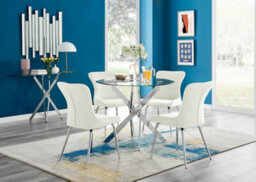 Furniturebox Uk Novara Chrome Metal Round Glass Dining Table And 4 Cream Nora Silver Leg Chairs