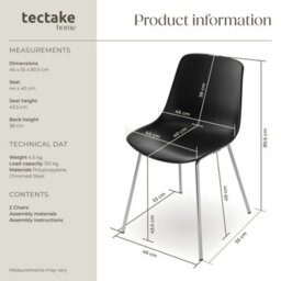Tectake Set Of 2 Dining Chair Mave - Large Plastic Seat, Ergonomic, High Backrest, 120 Kg Load Capacity  - Black/chrome - thumbnail 6