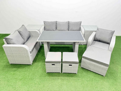 Fimous Rattan Outdoor Table Reclining Chair Sofa Set With 2 Side Tables 3 Stools Light Grey 9 Seater - image 1