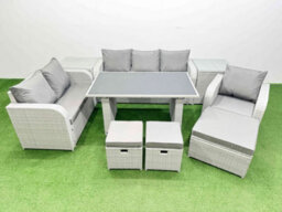 Fimous Rattan Outdoor Table Reclining Chair Sofa Set With 2 Side Tables 3 Stools Light Grey 9 Seater - thumbnail 2
