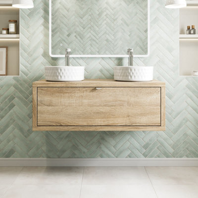 Affine 1100mm Double Countertop Bathroom Vanity Unit Textured Basin Sink Wall Hung Oak - image 1