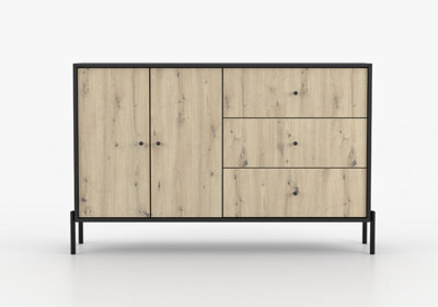 Arte Ravi Chest Of Drawers - Black Frame & Oak Artisan Front W150 X H80 X D40 Cm - Elegant Storage With Two Cupboards & Three Drawers - image 1