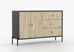 Arte Ravi Chest Of Drawers - Black Frame & Oak Artisan Front W150 X H80 X D40 Cm - Elegant Storage With Two Cupboards & Three Drawers - thumbnail 2