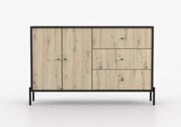 Arte Ravi Chest Of Drawers - Black Frame & Oak Artisan Front W150 X H80 X D40 Cm - Elegant Storage With Two Cupboards & Three Drawers - thumbnail 1