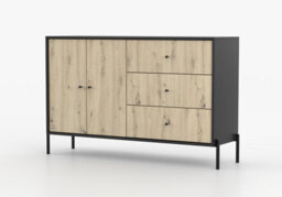 Arte Ravi Chest Of Drawers - Black Frame & Oak Artisan Front W150 X H80 X D40 Cm - Elegant Storage With Two Cupboards & Three Drawers - thumbnail 3