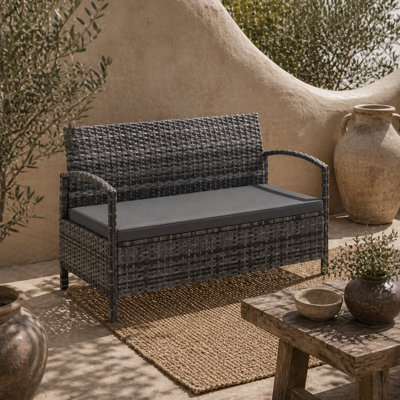 Wyld Haus Rarette Grey Rattan Garden Storage Bench With Cushion, 125L Capacity, Two-Seater - image 1