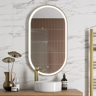 Affine Oval Led Mirror Touch Designer Bathroom Demister Mains Brushed Brass 550X1000mm - image 1