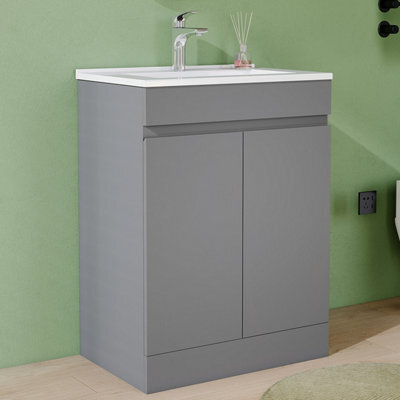 AVER-GROWTH 600mm Floor Standing Vanity Unit With Basin Matt Gray Ceramic Sink Bathroom Storage Cabinet Set Freestanding - image 1