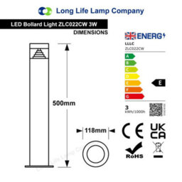 Long Life Lamps Company 3W Modern Led Bollard Garden Lamp Post Cool White Zlc022Cw - thumbnail 2