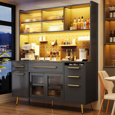 Abrihome Modern Sideboard With Led Lighting, Tall Cabinet For Kitchen And Living Room, Storage Cabinet, Drawer And Glass Shelves, Black - image 1
