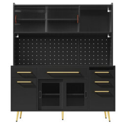 Abrihome Modern Sideboard With Led Lighting, Tall Cabinet For Kitchen And Living Room, Storage Cabinet, Drawer And Glass Shelves, Black - thumbnail 7