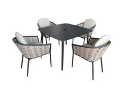 Sh&g Bolingbroke 4 Seat Garden Furniture Set - 4 Piece Square Table & Chairs - Aluminium & Grey Rattan With Beige Cushions