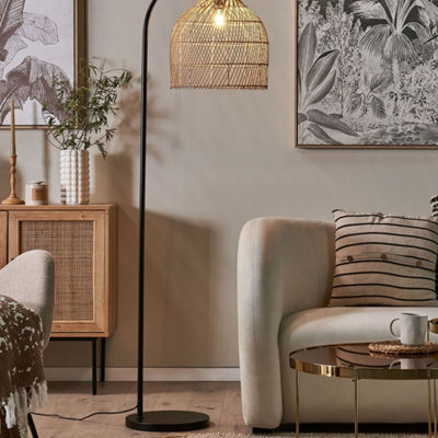 Beliani 165Cm Floor Lamp Natural Beige Rattan Shade With Brass-Toned Iron Arm - image 1