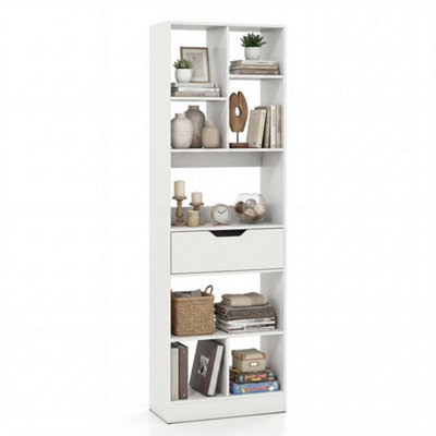White Bookcase With Drawer Tall Organizer For Living Room With 8 Open Cubes - image 1
