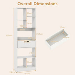 White Bookcase With Drawer Tall Organizer For Living Room With 8 Open Cubes - thumbnail 2