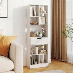 White Bookcase With Drawer Tall Organizer For Living Room With 8 Open Cubes - thumbnail 3