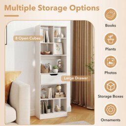 White Bookcase With Drawer Tall Organizer For Living Room With 8 Open Cubes - thumbnail 6