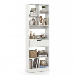 White Bookcase With Drawer Tall Organizer For Living Room With 8 Open Cubes - thumbnail 1
