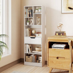 White Bookcase With Drawer Tall Organizer For Living Room With 8 Open Cubes - thumbnail 4