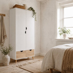 Wyld Haus Belamar 2-Door Wardrobe White And Natural With Hanging Rail, 2 Drawers And Wooden Legs - thumbnail 1