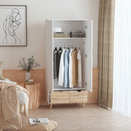 Wyld Haus Belamar 2-Door Wardrobe White And Natural With Hanging Rail, 2 Drawers And Wooden Legs - thumbnail 3