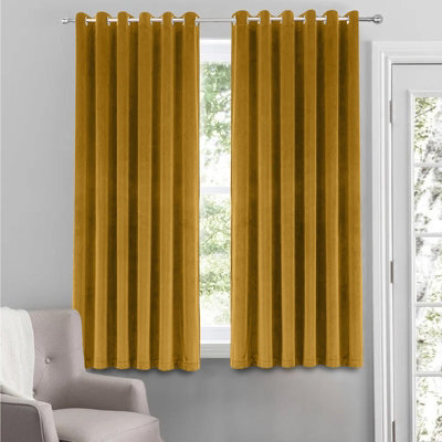 Moonlight Bedding Velvet Ring Top Curtains- Fully Lined Dim Out Blackout Pair, Ultra Soft Thermal Curtains (Ochre, 66 X 54 Inch) - image 1