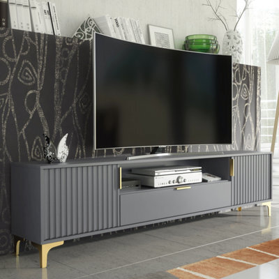 Tide Crest Tv Unit 200Cm Gold Dark Grey With Fluted Wave Doors - Creative Furniture - image 1