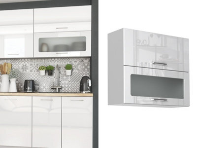 Impact Furniture Kitchen Display Cabinet Glass Wall Unit 800mm White Gloss Modern Storage Cupboard Lift Up Slab Door Ella - image 1