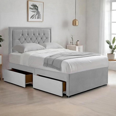 Silver Plush 4Ft Small Double Bed With Matttress  2 Storage Drawers And 20 Inch Borderd Headboard - image 1