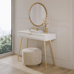 Arte Lante Dressing Table 100 Cm In White - Sleek Compact Vanity With Drawer And Metal Accents