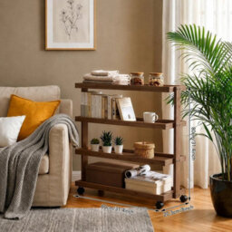 3 Dot Raw Wood 3 Tier Bamboo Rolling Cart With Wheels, Side Table For Kitchen Living Room Sofa - thumbnail 2
