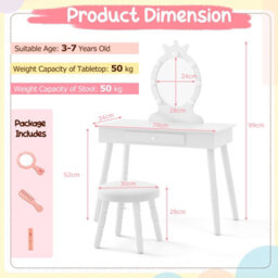 Costway Princess Dressing Table & Chair Set Kids Vanity Set W/ Lighted Mirror-White - thumbnail 3