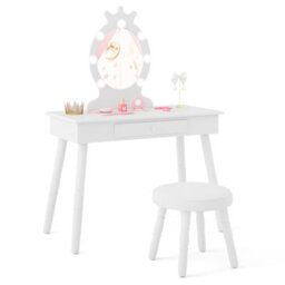 Costway Princess Dressing Table & Chair Set Kids Vanity Set W/ Lighted Mirror-White - thumbnail 2