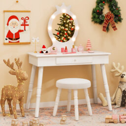 Costway Princess Dressing Table & Chair Set Kids Vanity Set W/ Lighted Mirror-White - thumbnail 4
