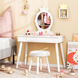 Costway Princess Dressing Table & Chair Set Kids Vanity Set W/ Lighted Mirror-White