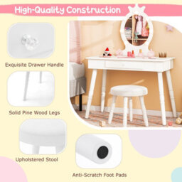 Costway Princess Dressing Table & Chair Set Kids Vanity Set W/ Lighted Mirror-White - thumbnail 9