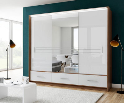 Arte Amsterdam 255Cm Wardrobe - Walnut & White Gloss With Mirror And Ambient Led Lighting - image 1