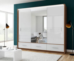 Arte Amsterdam 255Cm Wardrobe - Walnut & White Gloss With Mirror And Ambient Led Lighting